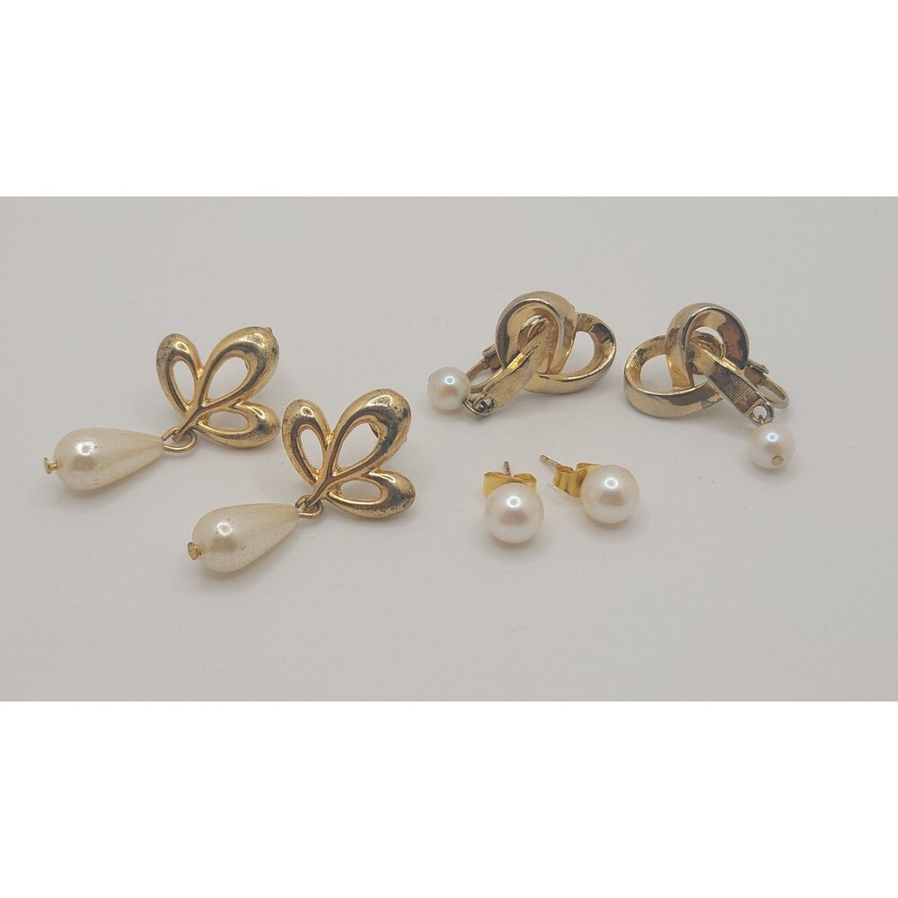 Vintage Gold Tone Faux Pearl Earring Lot 3 Pairs Stud Clip On Teardrop Drop